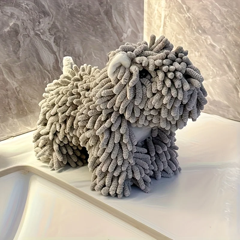 Cute Puppy-Shaped Coral Fleece Hand Towel-Wall-Mounted Absorbent Kitchen & Bathroom Towel with Hooks Soft Pet-Themed Decorative