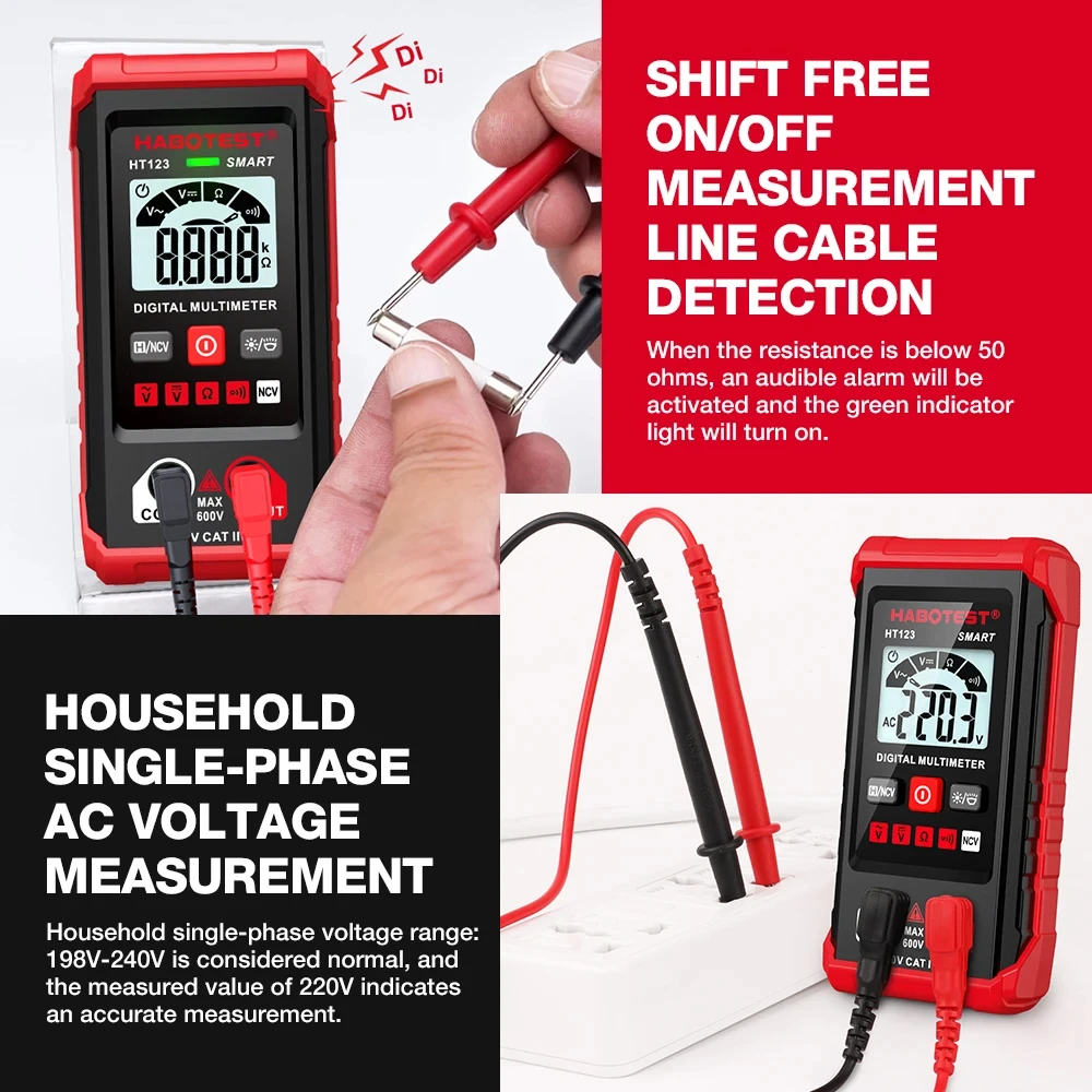 HABOTEST HT123 Smart Digital Multimeter AC/DC Voltage Resistance Continuity Measurement Tester NCV Multimeter with Backlight