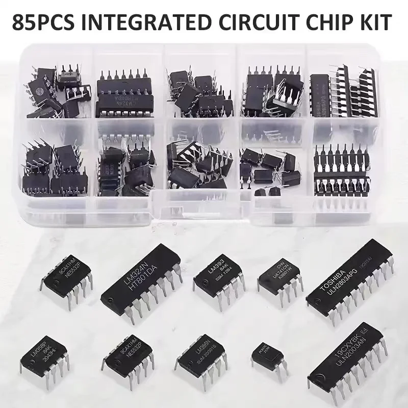 85-Piece Integrated Circuit Chip Kit with Multiple IC Specifications