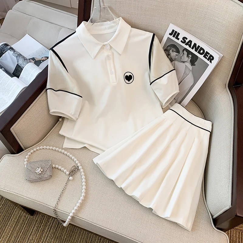 

2023 New White Preppy style Summer T shirt + Pleated skirt Casual two-piece set Casual Students Tracksuits