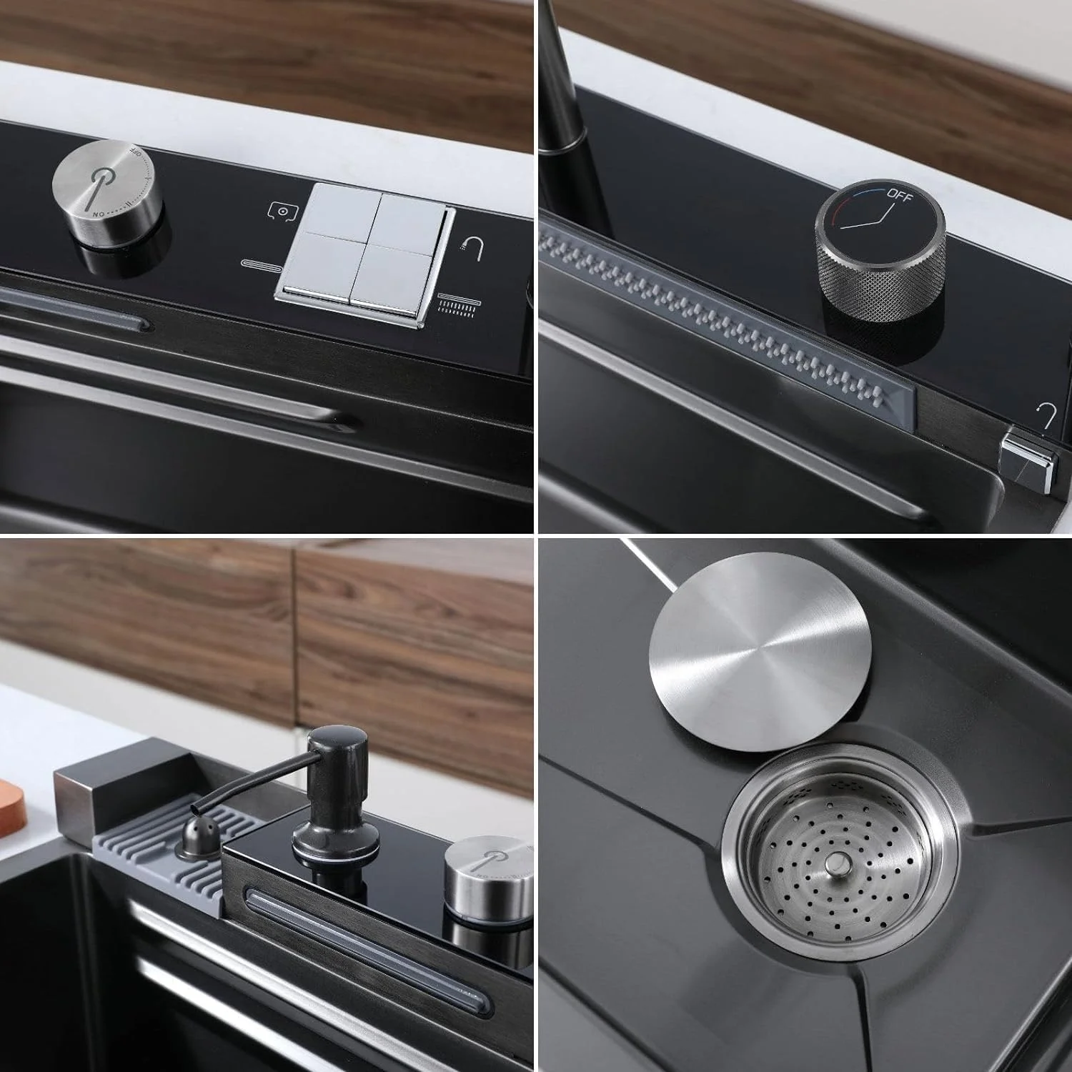 29.5 Inch Digital Display Embossed Nano Black Raindance Waterfall Sink with Pressurized Cup Washer and Waterfalls Smart Digital