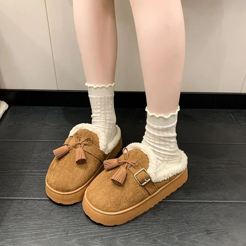 Simple Bow Thick-soled Plush Fluffy Slippers Women Wear Outside in The Winter 2025 with Fluffy Tassels and Cotton Slippers