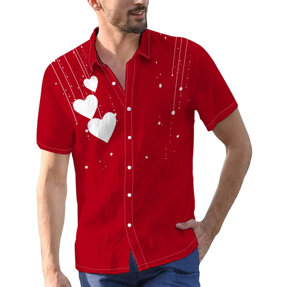 Love and Stars Pattern Digital Print Casual Men's Shirts Short Sleeve Button Down Summer Shirt Resort Vacation Men Clothing