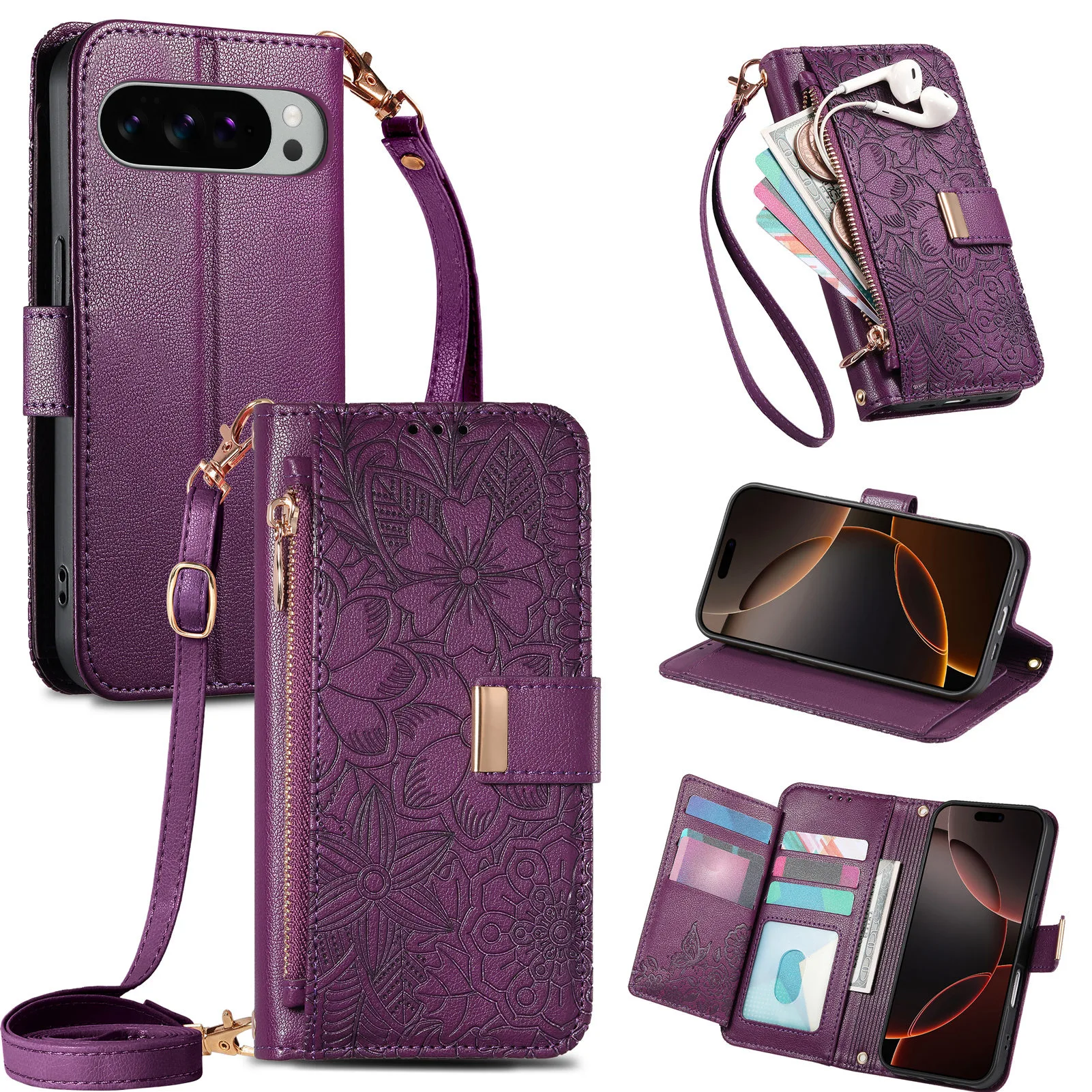 Elegant Crossbody Wrist Strap Leather Flip Wallet Card Holder Phone Case - Enhanced Shockproof Protection