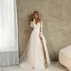 High Collar Tulle Women Wedding Dresses Sweet Lace Appliques A-Line Bridal Gowns Mopping length Long Sleeves Princess Bride Robe 1