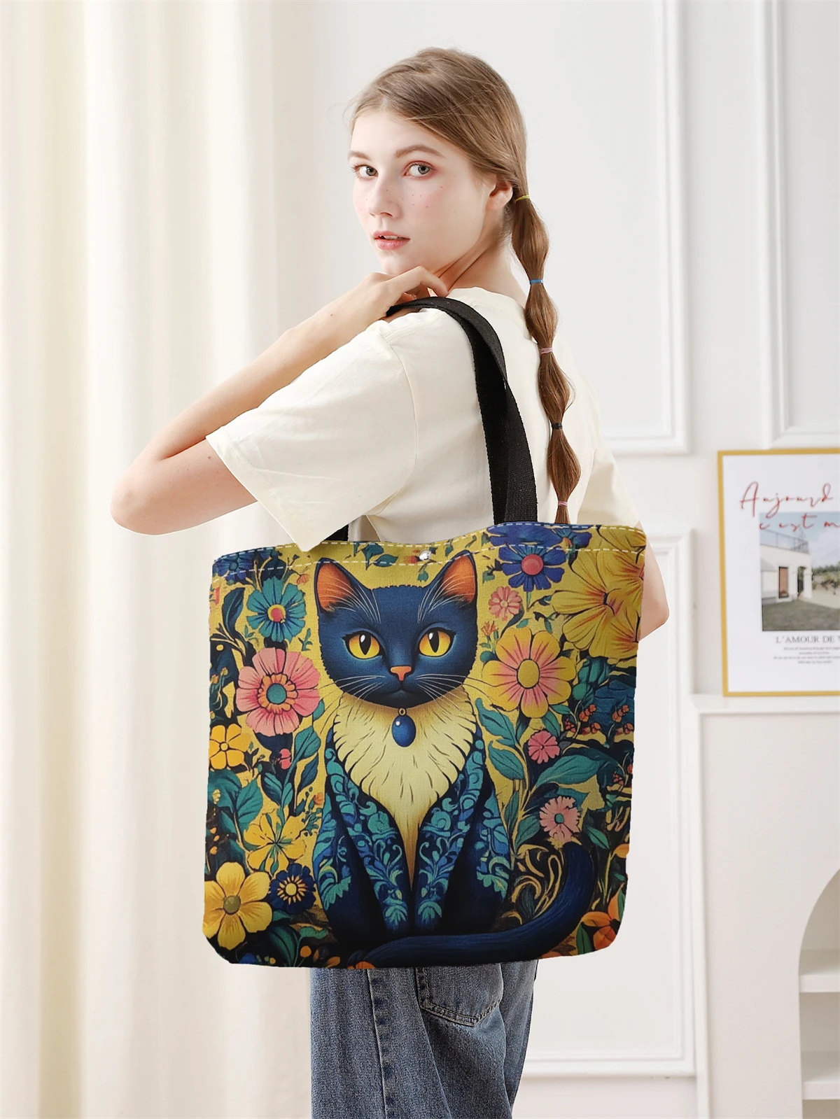 1pc， Cute cartoon cat pattern handbag, reusable fashionable handbag, multifunctional handbag, printed canvas shopping bag