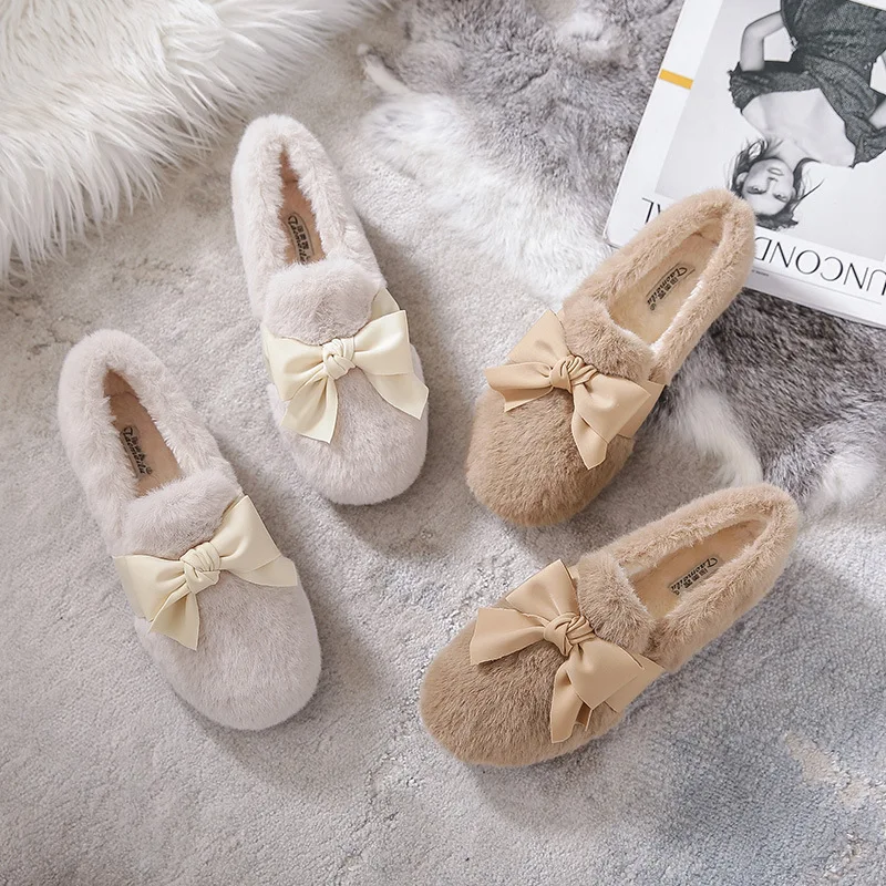 Women's Plush Shoes Wear Snow Boots Outdoors in Winter Fashionable Bowknot Design Fur thermal flat loafers shoes Large 41-43