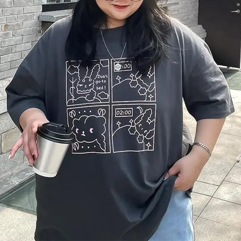 Fashion Summer Crew Neck Pattern Printing Pullover Tops Korean Loose Short Sleeve Grey/blue Color Women's Plus Size T-Shirt