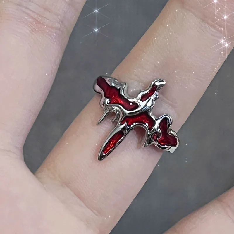 Irregular Red Crystal Glass Butterfly Aesthetic Rings for Women Y2K Gothic Spider Cross Ring Creative Grunge Jewelry Accessories 3