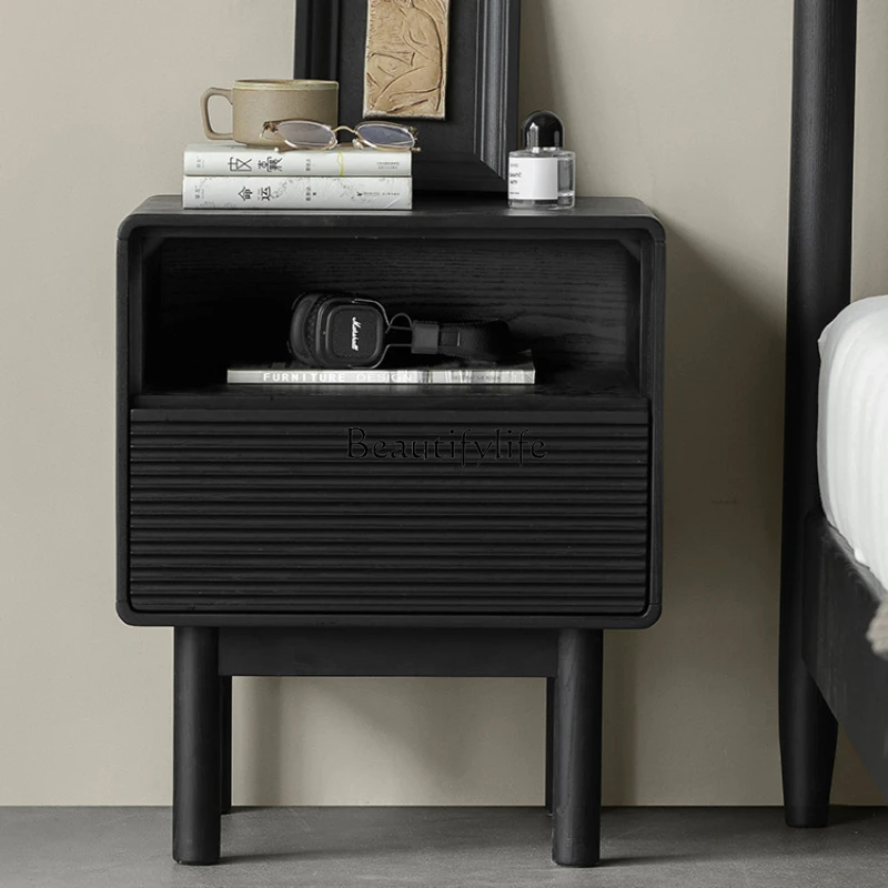 

Black Bedside Table Solid Wood Ash Italian Minimalist High Leg Bedside Cabinet
