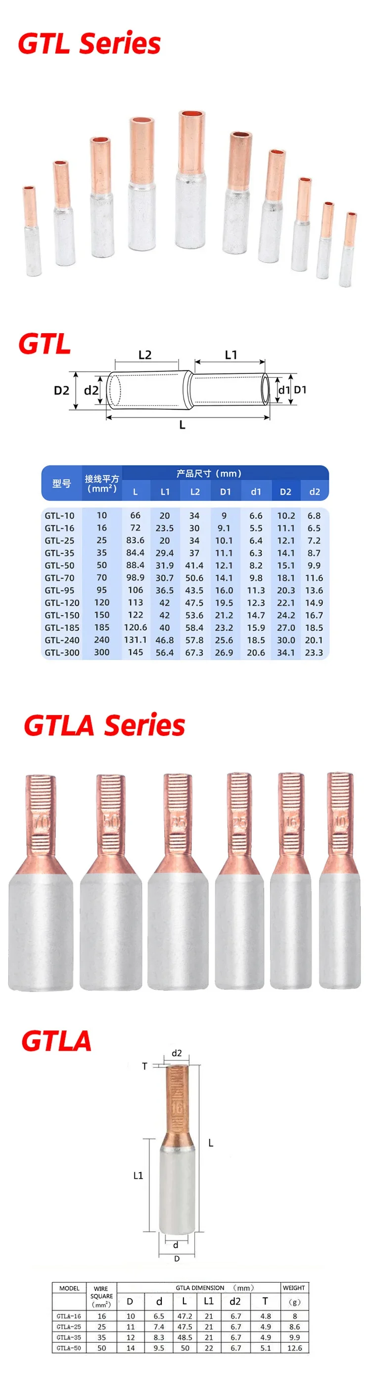 5/10PCS Kupfer Aluminium Terminal GTL DTL DTLC GTLA GTLC Kabel Crimp Terminal Draht Stecker Bare Lugs Metall leistungsschalter – Detail 1