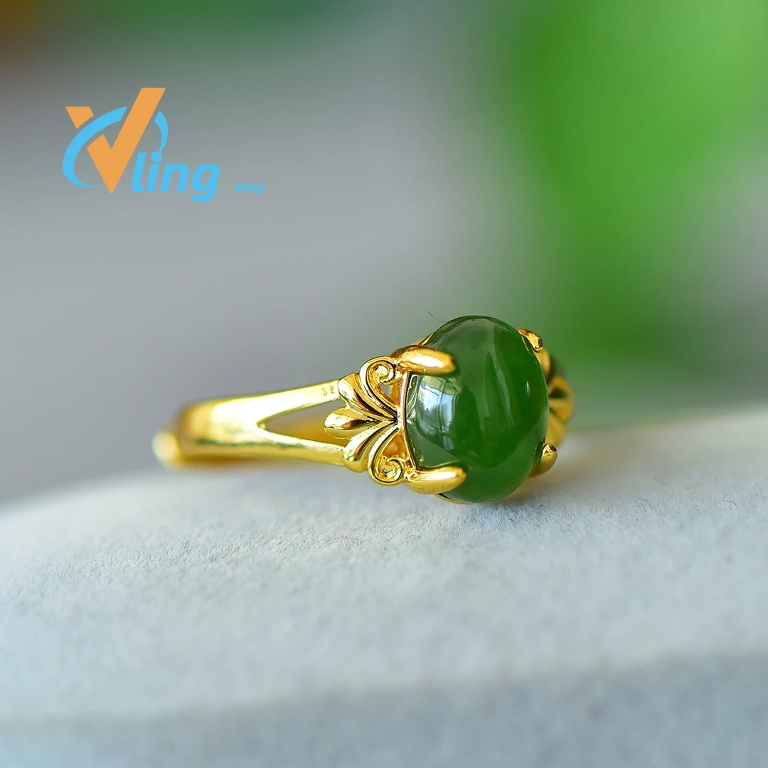 Green Chalcedony Ring for Women Jade Ring Copper Opening Inlaid Jade Fashion Temperament New