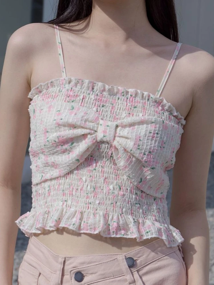 

Sweet Chiffon Bow Floral Sling Tops Sexy Summer Korea Fashion Kawaii Harajuku Streetwear Elastic Tank Top Japanese Camisole Tops