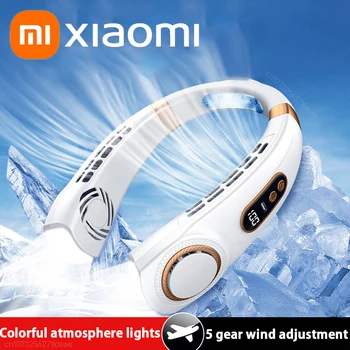 샤오미 휴대용 목 선풍기 USB 핸드헬드 음소거 LED 디지털 디스플레이, 리프리스 미니 전기 선풍기, 다채로운 분위기 조명, 5 단 기어