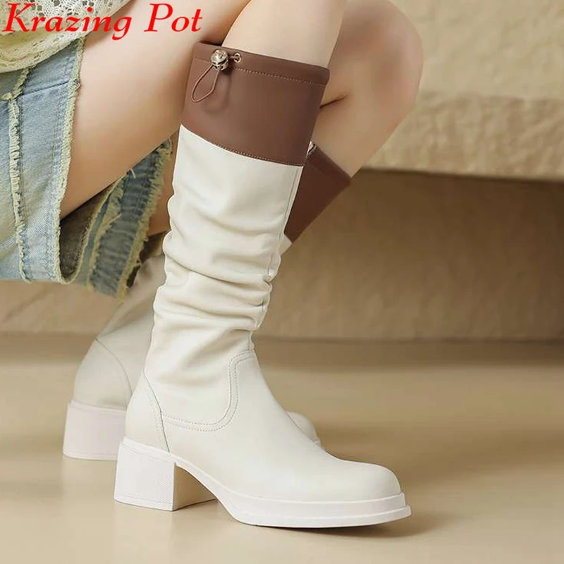 

Krazing Pot Ins Cow Leather Round Toe Winter Warm Western Boots Med Heels Pleated Decoration Casual Mixed Color Thigh High Boots