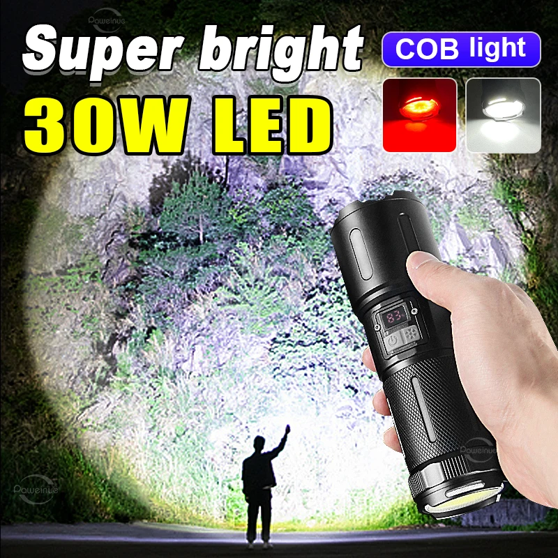 

High Powerful 30W LED Flashlights Ultra Bright Tactical Flash Light Zoomable Outdoor Hunting Lantern Type-c Charging Torch