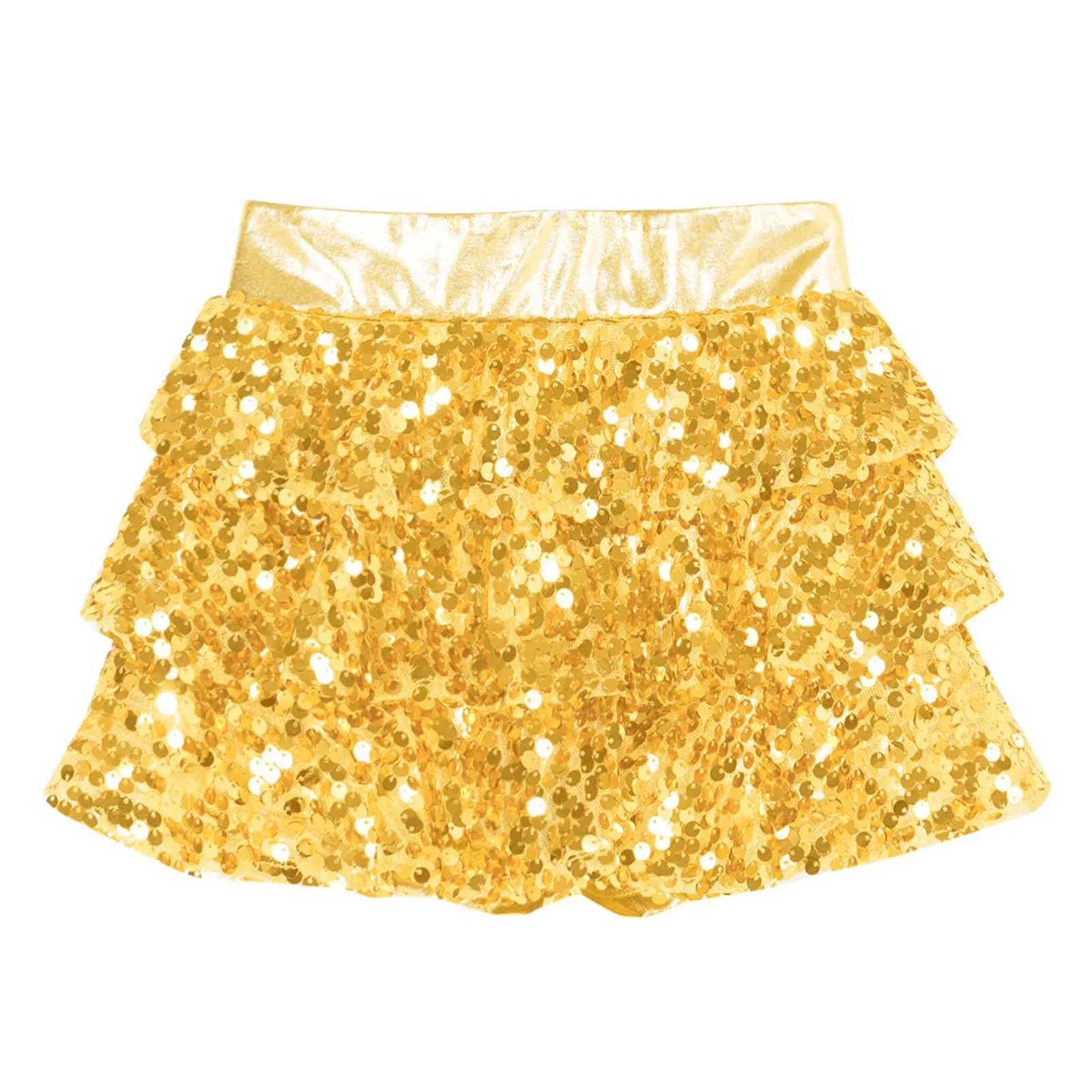 Kids Girls Shiny Sequins Tiered Ruffle Ballet Skirted Shorts Metallic Culottes Dance Jazz Hip Hop Dance Performance Costume