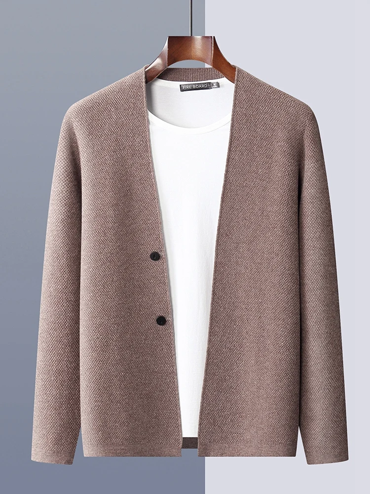 CHICUU Autumn Winter Men Cashmere Sweater Coat Basic V-neck Cardigan 100% Merino Wool Knitwear Smart Casual Jacket Korean Tops 6