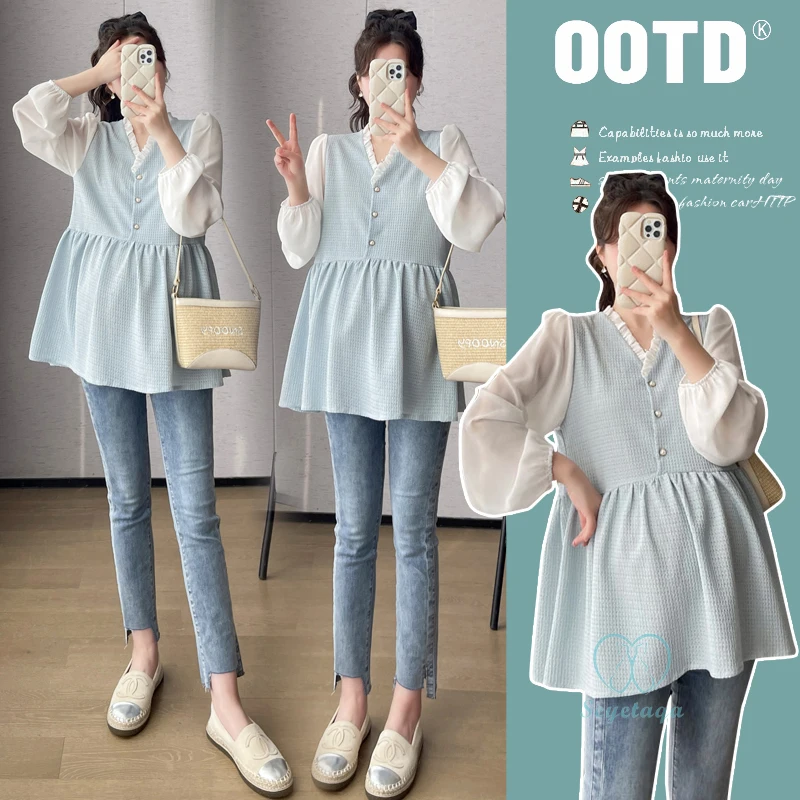 Maternity Tops V Neck Patchwork Blouses for Pregnant Women