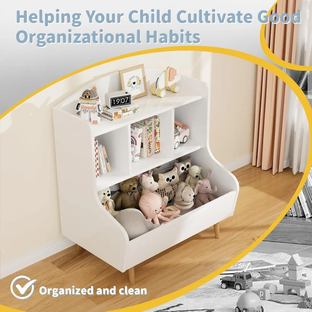 Kids Bookshelf, Toddler Toy Storage Organizer, Wooden 4 Cubby Children Book Shelf for Playroom, Bedroom, Nursery, Classroom 6