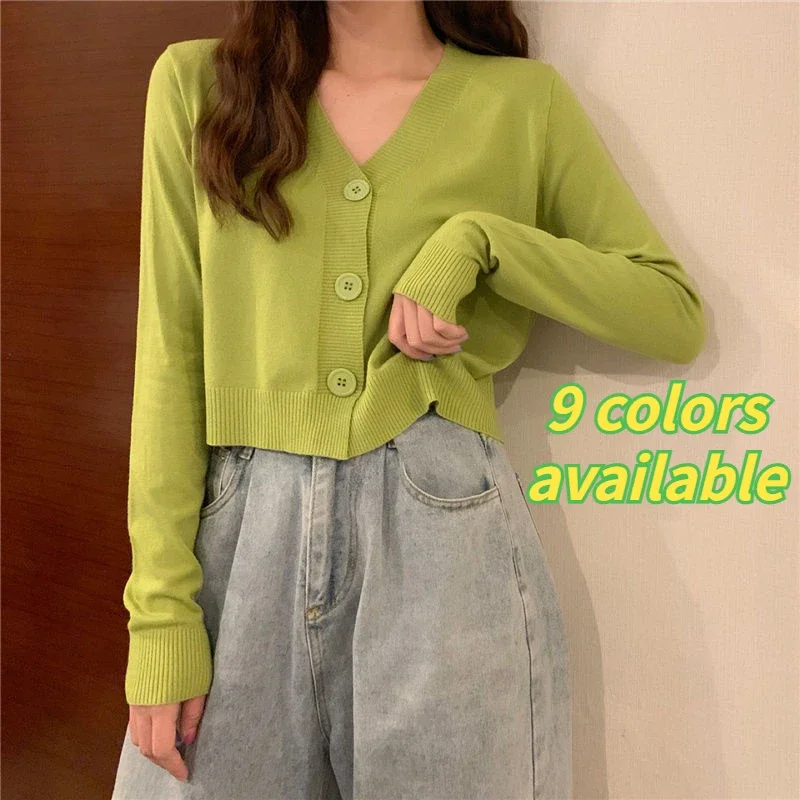 

9 Colors Women Button V-neck Sweaters Spring Autumn Lightweight Crops Sweet Style Harajuku Cardigan Long Sleeve Pure Casual Cute