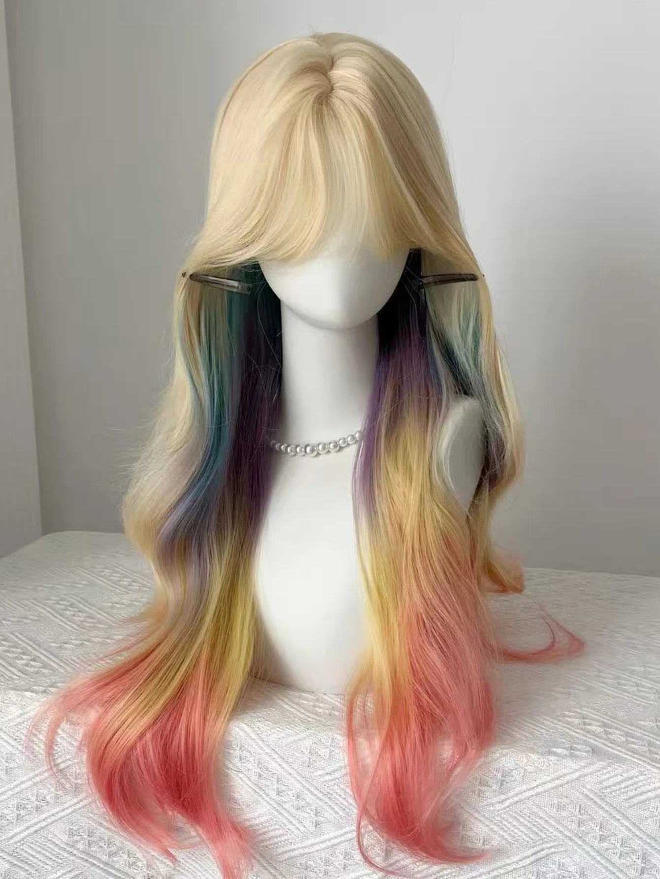 Synthetic Rainbow Ombre Wig with Bangs for Women