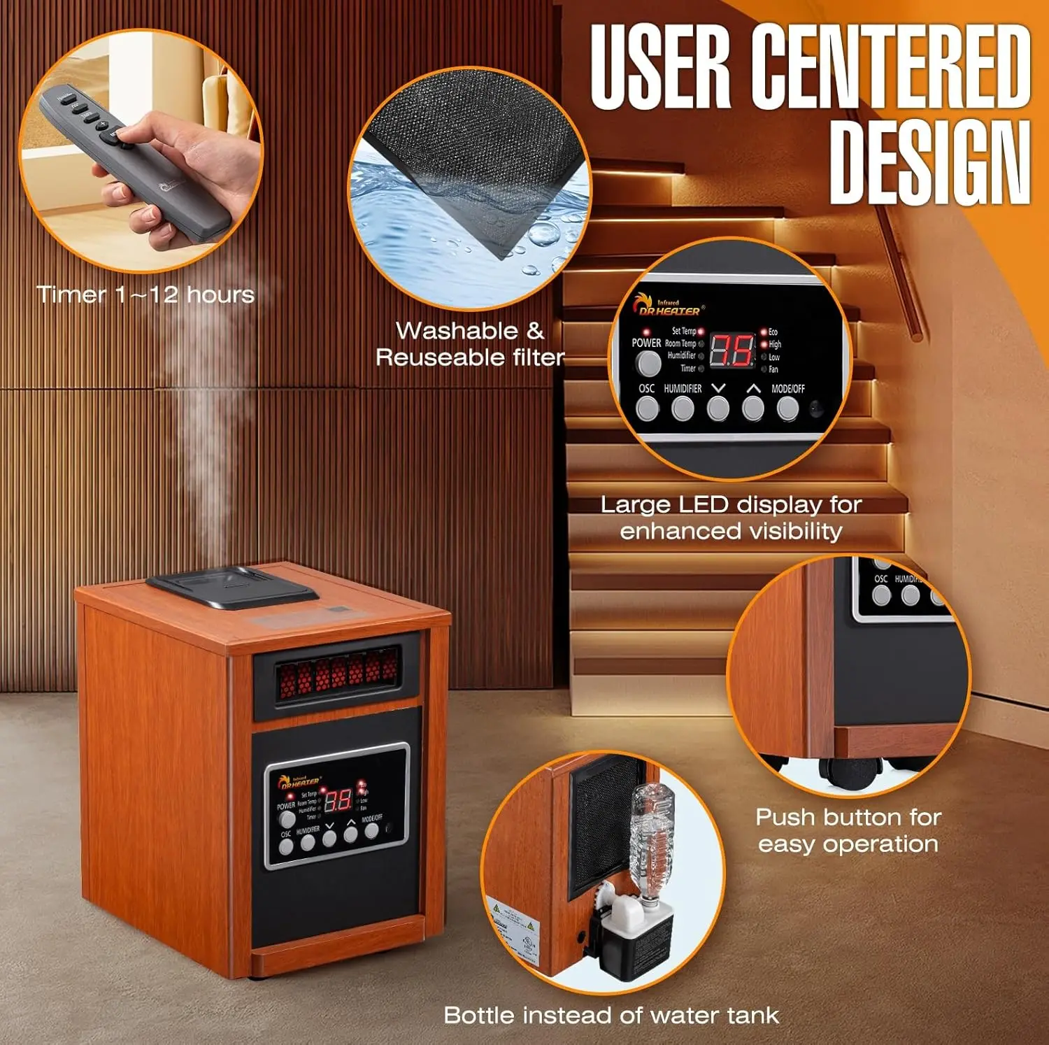 DR-998, 1500W, Space Heater with Humidifier, Oscillation Fan & Remote Control (Cherry)