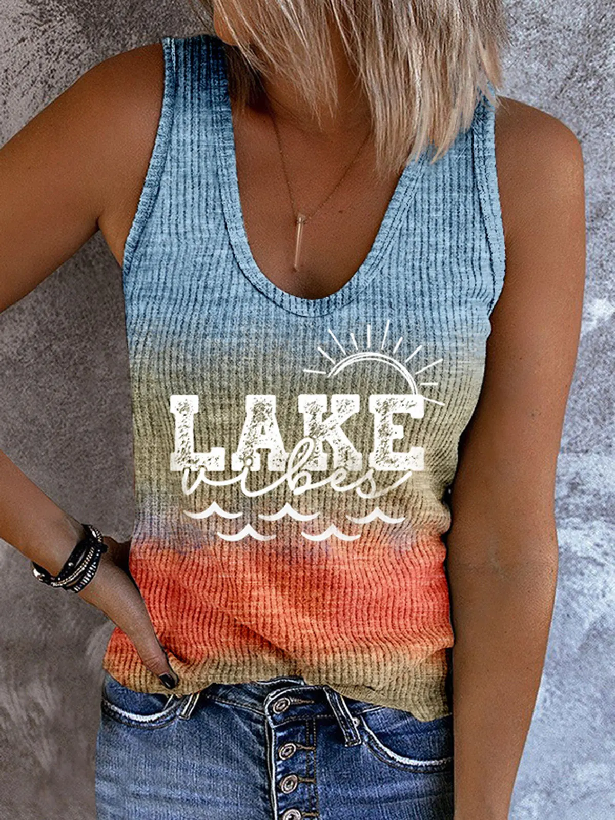 

Lake Vibes Sunset Gradient Tank 2023 New Women Summer Elastic U Neck Club Party Tops Casual Print Sleeveless Crop Streetwear