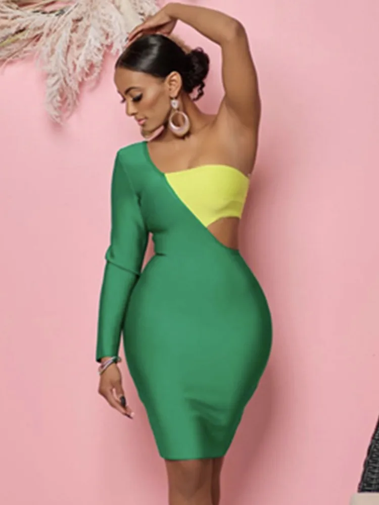 

Trendyol Women Fashion Green Yellow Patchwork Bodycon Bandage Dress Single Long Sleeve Celebrity Evening Club Party Gowns