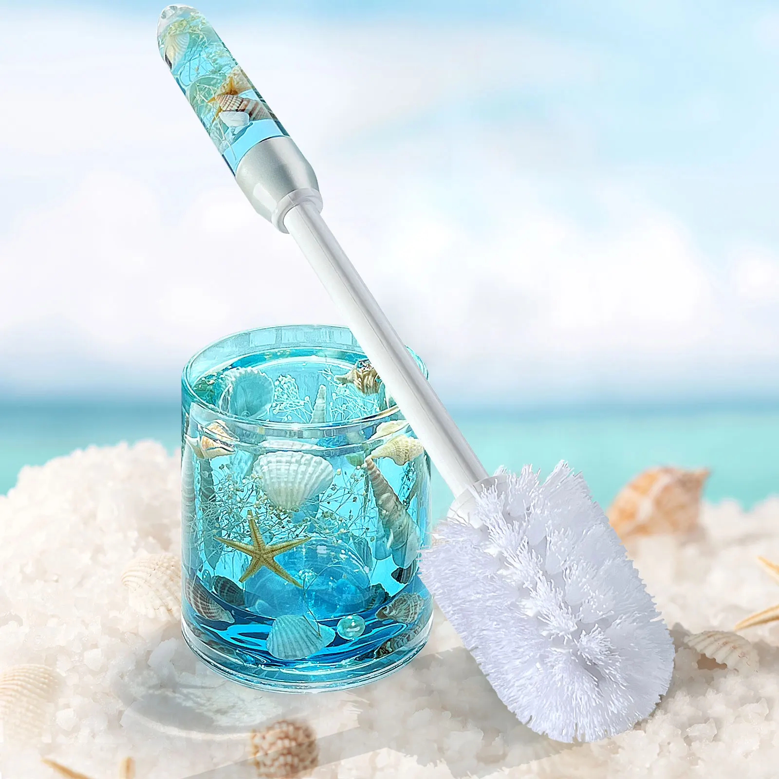 THEYUFA Toilet Brush Holder Seashell Toilet Brush Plastic Handle Easy to Hide Space Saving for Storage Deep Cleaning Blue
