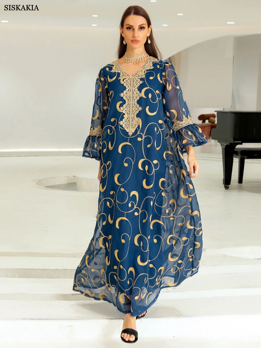 

Ramadan Muslim Dress For Women Mesh Floral Embroidery Guipure Lace Flare Sleeves Modest Fashion Dubai Long Evening Dresses