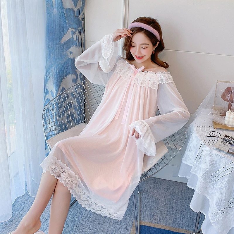 

Sweet Lace Long Sleeve Night Dress Women Kawaii Nightdress Princess Sleepwear Lolita Nightie Girl Mesh Modal Nightgown Nightwear