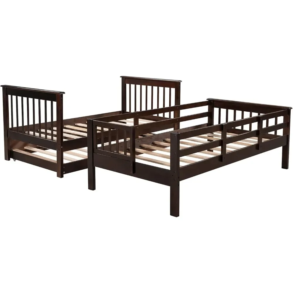 Twin Over Twin Bunk Bed with Stairs and Trundle, Solid Wood Stairway Bunk Bed Frame with Storage, for Kids Teens Adults Bunk Bed 4
