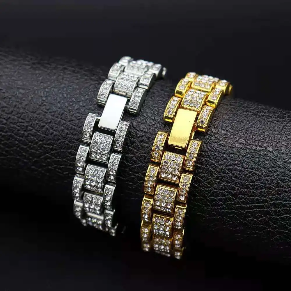2PCS Full Bracelet Diamond Watch for Men Iced Out Watch Fashion Luxury Quartz Wristwatch HipHop Gold Watches Jewelry Set Gift