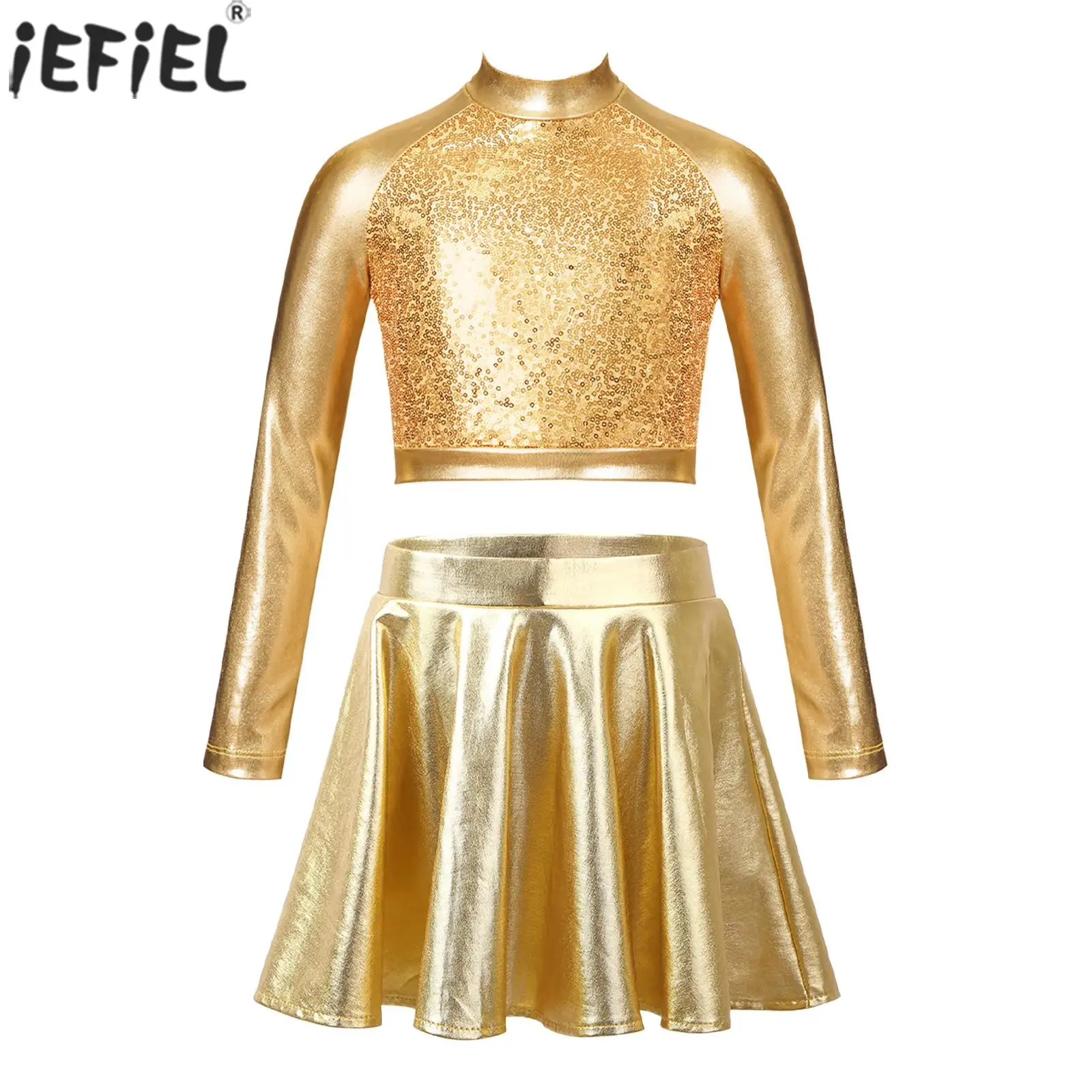 Kinder Mädchen Latin Jazz Tanz Outfit Metallic Langarm Pailletten Crop Top mit Röcken Eiskunstlauf Bühne Performance Dance wear