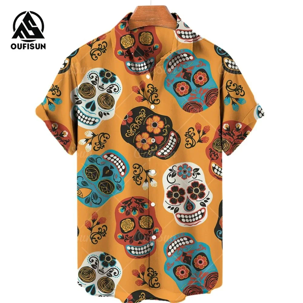 Summer Fashion Men's Short Sleeve Casual Printed Shirt Flowers Horror Skull Print Vacation Travel Oversized Top Size S-5XL 4