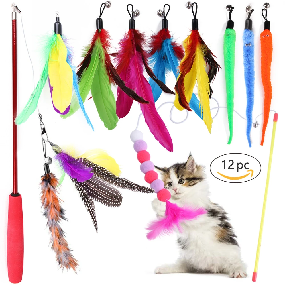 Retractable Cat Wand Toys Teaser Set 12 Packs Interactive Cat Feather Toy Replacement Fishing Head with Bell for Kitten Cat Toy