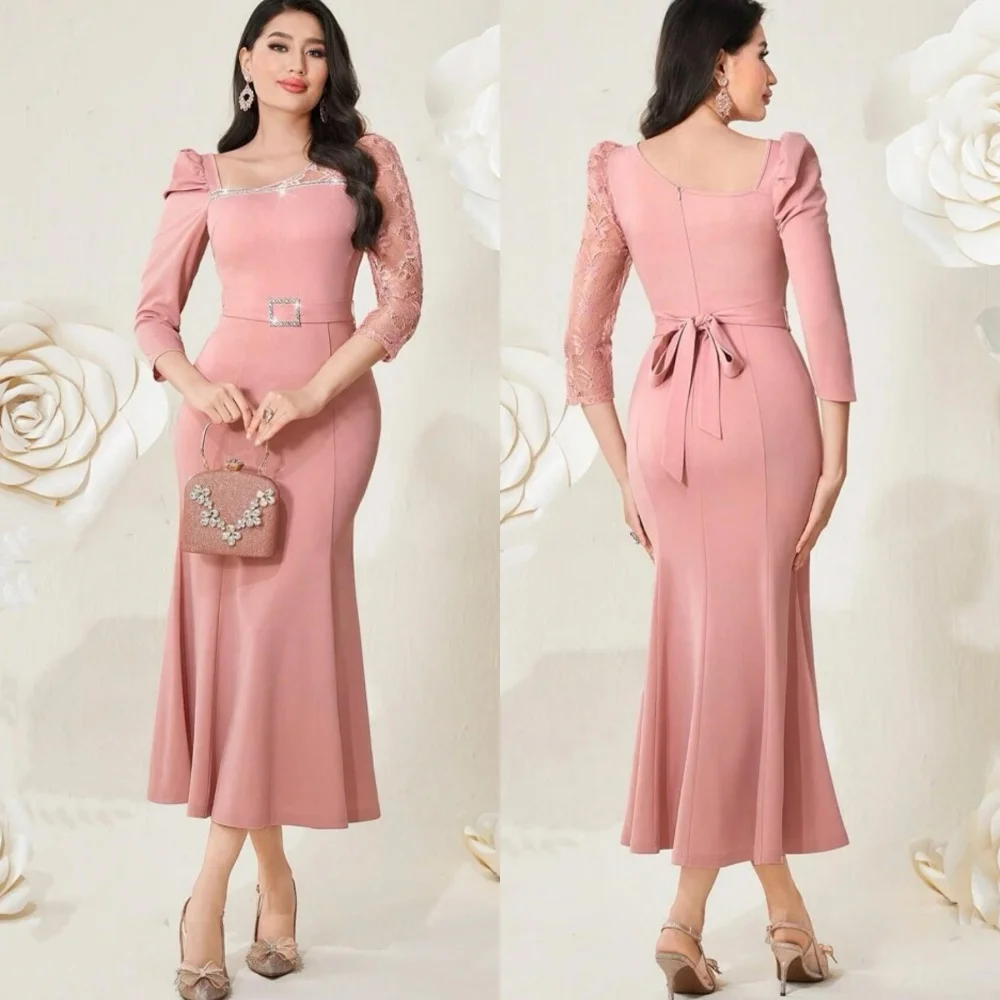 

Ball Dress Evening Saudi Arabia Jersey Flower Sequined Ruched Homecoming A-line Square Neck Bespoke Occasion Gown Midi Dresses