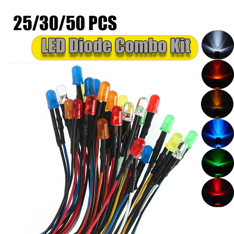 25/30/50pcs 12V 5mm Prewired LED Diodes Lights Kit Red/Green/Blue/White/Orange/Yellow Light Emitting Diodes 20cm for Arduino