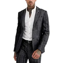 Wool Herringbone 2 Piece Mens Suit Formal Fashion Slim Fit Blazer Notch Lapel Tuxedos Groomsmen Wedding(Blazer+Pants)
