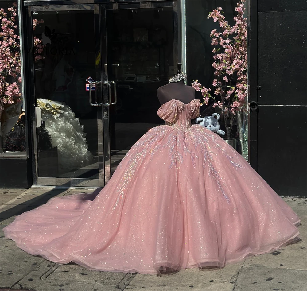 

Blush Pink Beaded Quinceanera Dresses Puffy Ball Gown Off Shoulder Birthday Lace Up Sweet 15 16 Dress vestido de quinceañera