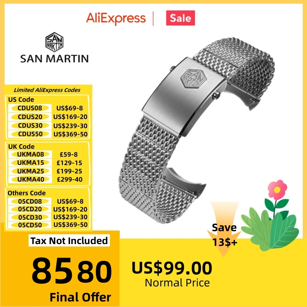 

San Martin Brushed Steel Mesh Milanese Bracelet For 20mm Lug Size Watch Fly Adjust Clasp Curved End Links For SN0008 SN0054