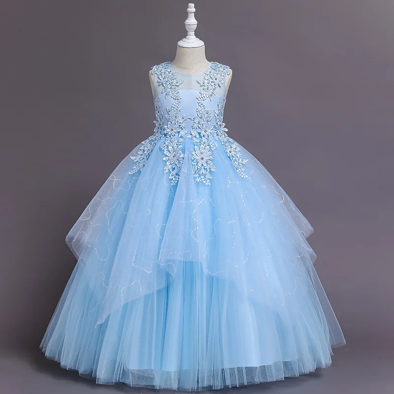 Children's princess dress lace one-shoulder long dress flower girl wedding lace beaded party princess flower girl dresses