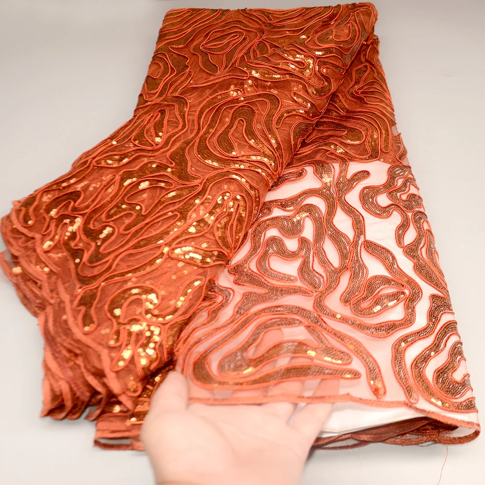 

Orange African Lace Fabric Fashionable Organza Lace Fabric French Net Tulle Lace Fabric Nigerian Sequins Lace For Dress