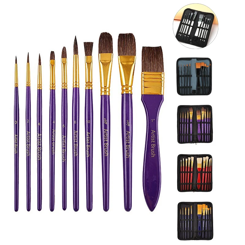 10pcs Horse/Bristle/Nylon Hair Artist Paint Brushes Set with Canvas Bag Wooden Handle for Acrylic Oil Watercolor Artist Drawing 10pcs horse bristle nylon hair artist paint brushes set with canvas bag wooden handle for acrylic oil watercolor artist drawing