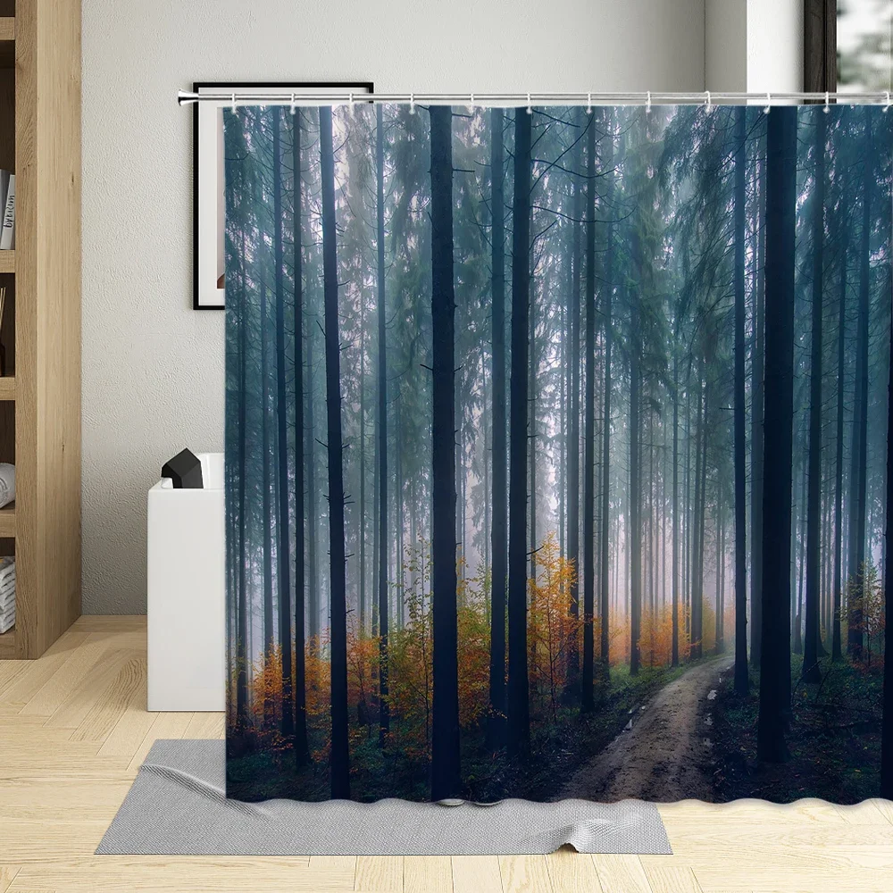 

Hazy Mist Forest Trunk Shower Curtain Path Landscape Decorative Cloth Bathroom Curtains Bathtub Dedicated Machine Washable Sets