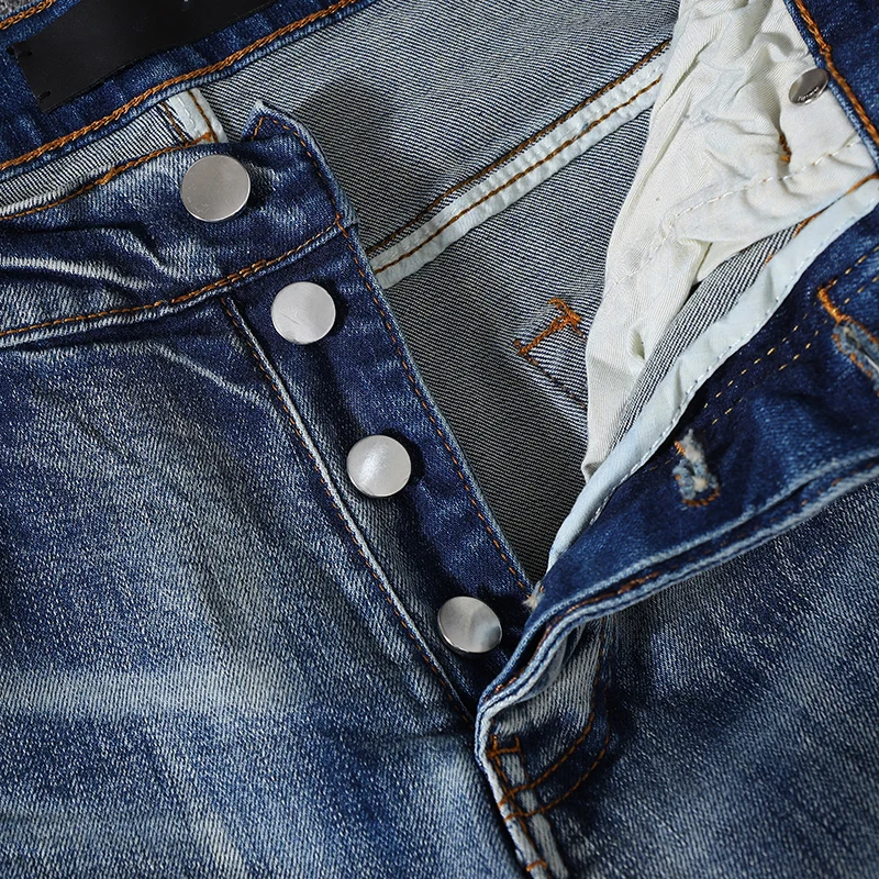 High Street Trend Fashion Elastic Slim Fit New Light Blue Men's Jeans Water Washed Nostalgic Hole Black Patch Hip Hop Brand Pant