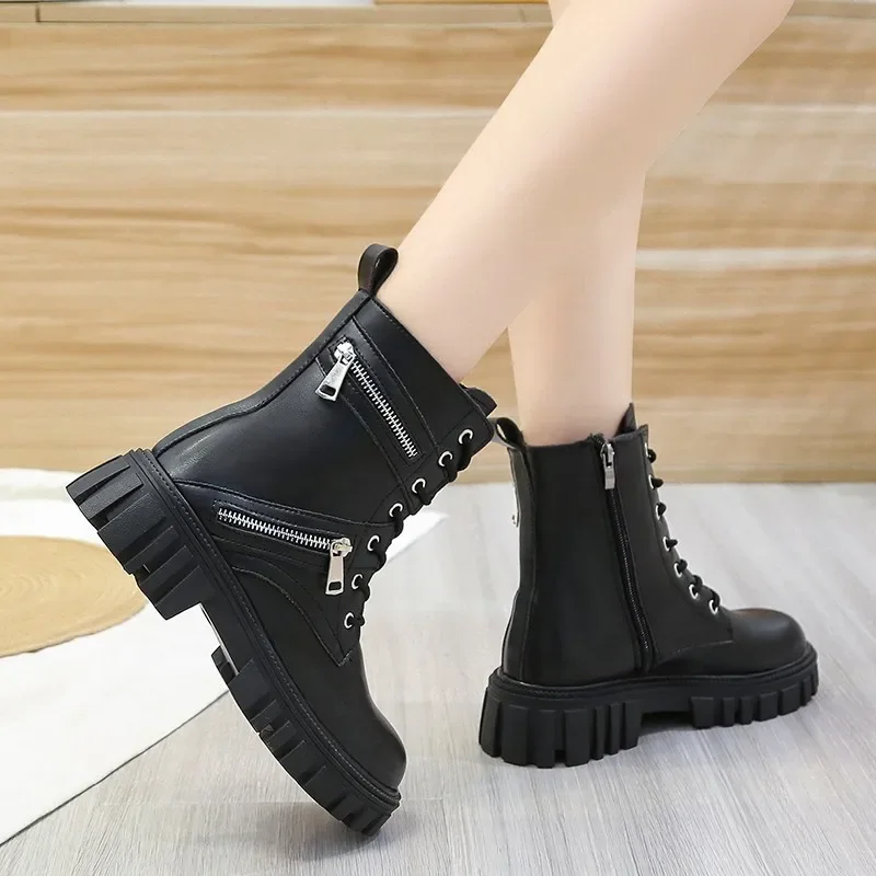 Women's Luxury Pu Leather Combat Short Boots 2023 Autumn Winter Designer Brand Gothic Platform Shoes Lace Up Motorcycle Boots