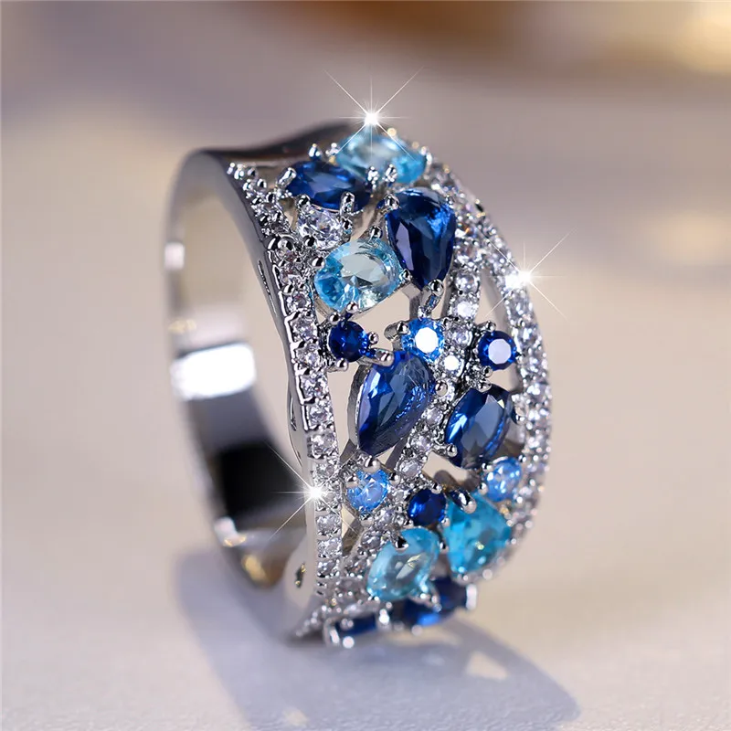 Luxury Female Blue Zircon Stone Ring Trendy Silver Color Engagement Cute Bride Wedding Jewelry Gift For Women