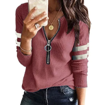 New Spring Fall Stripe Big Zipper Retro Sweater Long Sleeve Sweater Fashion Loose Pullover Womens Winter Sweaters Warm T-shirt 5